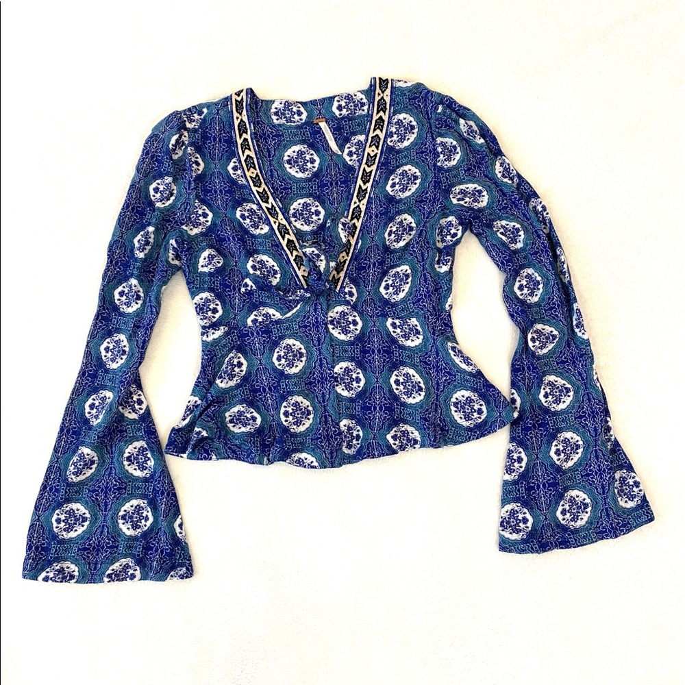 Free People Time of Your Life Bohemian Bell Sleeve Blue Printed Top XS